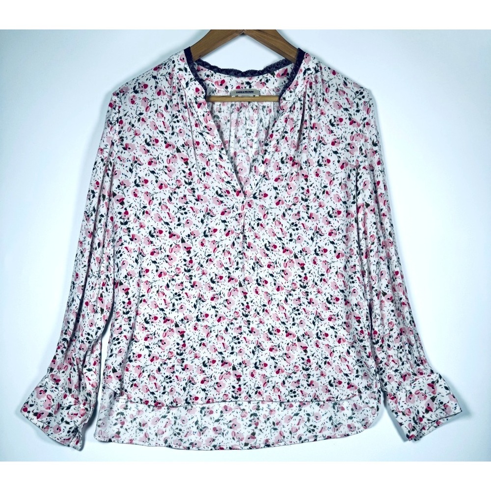 Zadig and Voltaire Blouse Womens XS Pink White Floral Gauze Lace Trim Tink Print